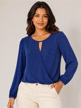 Vince Camuto Womens Blouse Striped Blue Black Keyhole Faux Wrap size S